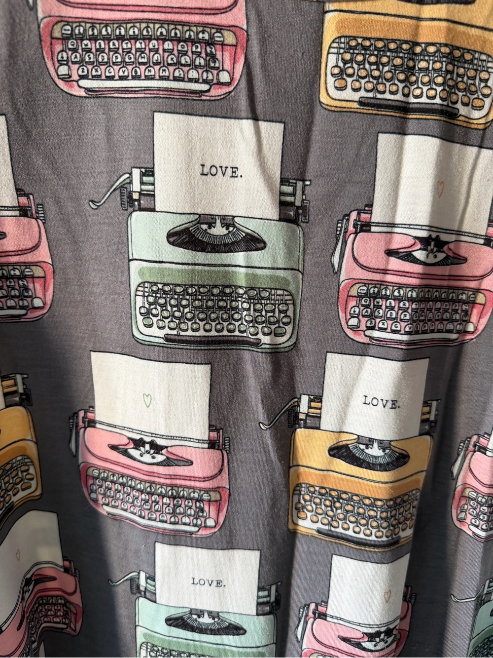 LuLaRoe Gray Midi Dress with Pink, Green & Yellow Typewriter Print - Picture 2 of 3